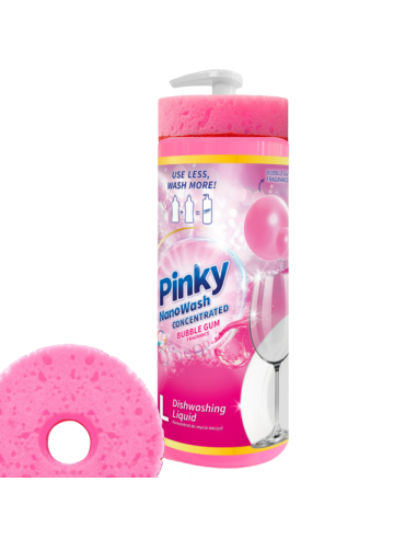 PINKY NanoWash Płyn do Mycia Naczyń Bubble Gum 1L + Gąbka