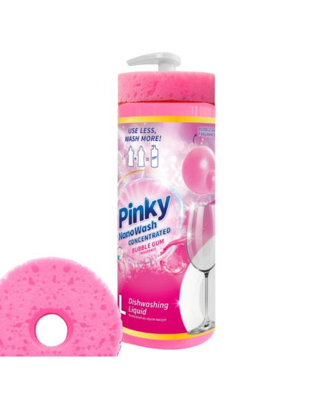 PINKY NanoWash Płyn do Mycia Naczyń Bubble Gum 1L + Gąbka