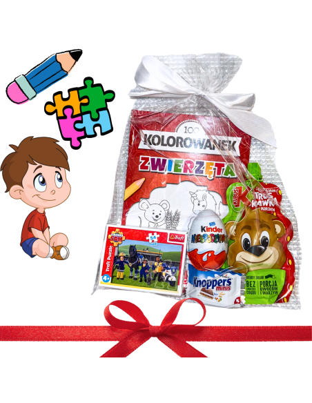Prezent dla Dziecka Upominek dla Przedszkolaka Puzzle Kolorowanka Przekąska Kinder Jajko