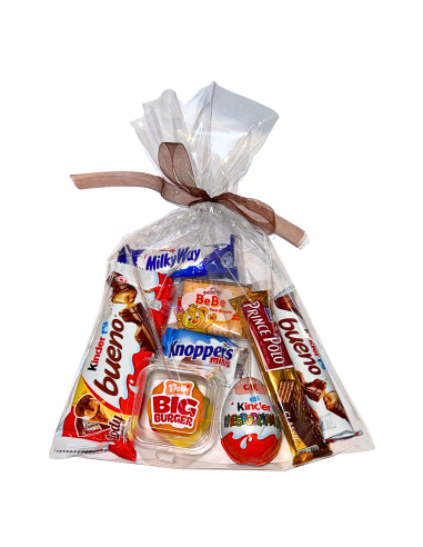 Upominek dla Dziecka i Dorosłego - Kinder Niespodzianka, Słodycze i Żelki w Eleganckim Woreczku
