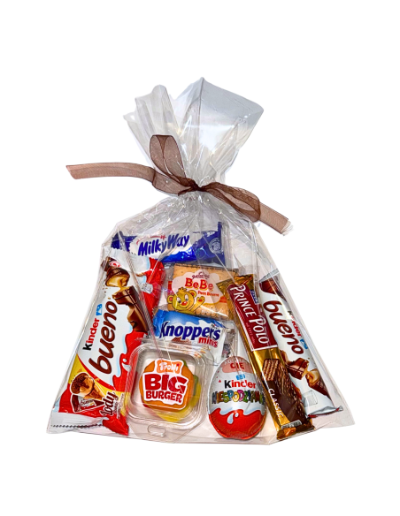 Upominek dla Dziecka i Dorosłego - Kinder Niespodzianka, Słodycze i Żelki w Eleganckim Woreczku