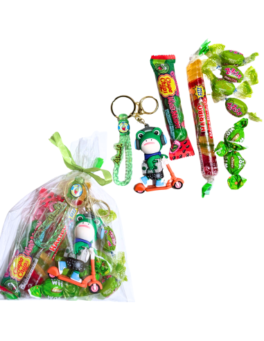 Zielony Zestaw Słodyczy z Brelokiem Żabą - Haribo, Chupa Chups, Zozole