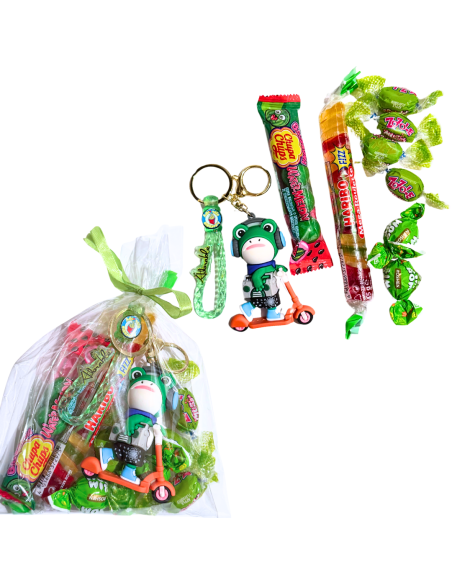 Zielony Zestaw Słodyczy z Brelokiem Żabą - Haribo, Chupa Chups, Zozole