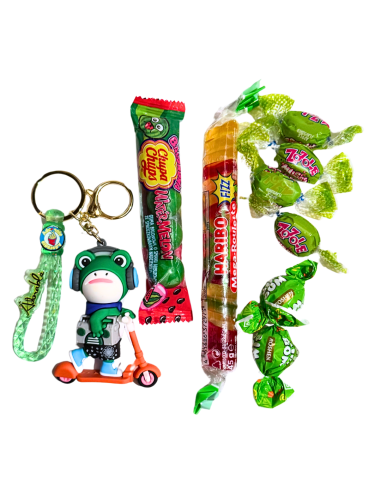 Zielony Zestaw Słodyczy z Brelokiem Żabą - Haribo, Chupa Chups, Zozole