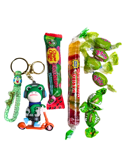 Zielony Zestaw Słodyczy z Brelokiem Żabą - Haribo, Chupa Chups, Zozole