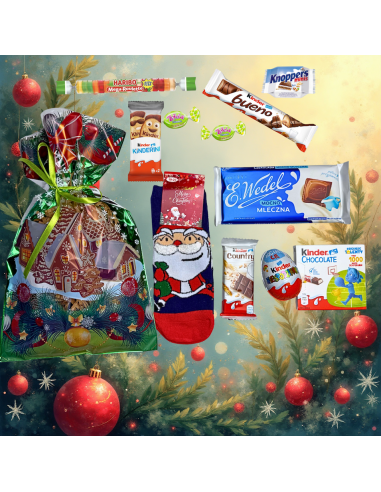 Prezent Mikołajkowy XL Skarpetki Świąteczne + Słodkości Kinder Wedel Haribo