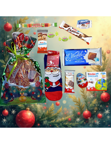 Prezent Mikołajkowy XL Skarpetki Świąteczne + Słodkości Kinder Wedel Haribo