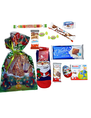 Prezent Mikołajkowy XL Skarpetki Świąteczne + Słodkości Kinder Wedel Haribo