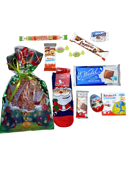 Prezent Mikołajkowy Skarpetki Świąteczne + Słodkości Kinder Wedel Haribo