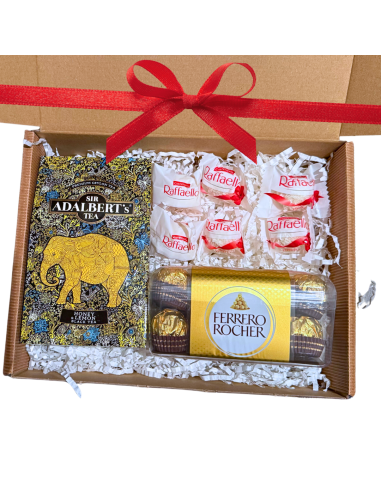 Zestaw Prezentowy Złoty Czas na Herbatę i Pralinki - Ferrero Rocher, Raffaello, Herbata Adalbert's Tea
