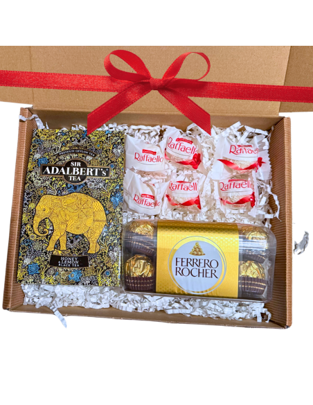 Zestaw Prezentowy Złoty Czas na Herbatę i Pralinki - Ferrero Rocher, Raffaello, Herbata Adalbert's Tea